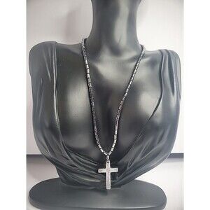 Vintage Stainless Steel Beaded Necklace Cross Pendant Gray Jewelry Costume